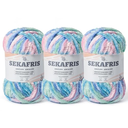 Image of Fuzzy Chunky Chenille Yarn for Crocheting,Soft Plush Yarns for Hand Knitting,Bulky 3x100g(3x49.2 yd) Baby Blanket Yarn for Crocheting Amigurumi,Crochet Fluffy Velvet Yarns (Candy Floss)