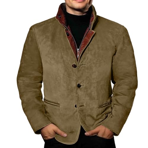 Men's Faux Leather Jacket Double Lapel Casual Work Cargo Jacket Vintage Style Leather Blazer Windproof Coat with Button
