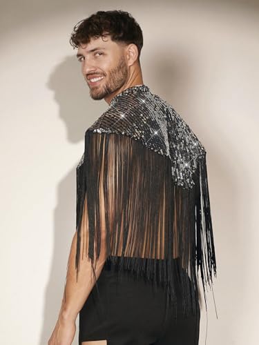 WDIRARA Men's Fringe Trim Mock Neck Sleeveless Sequin Party Hooded Vest Top2