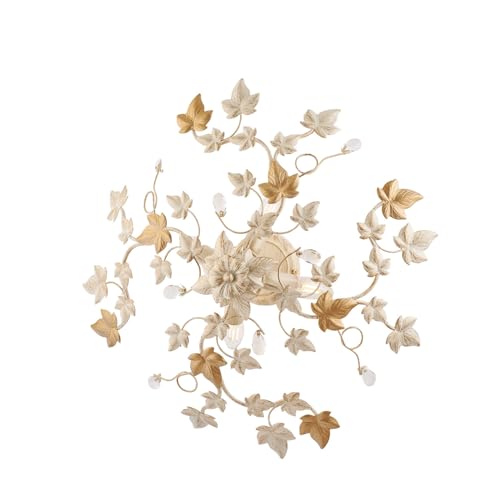 Plafoniera Shabby Edera 4 Luci Ferro Battuto Avorio Oro Con Foglie E Cristalli