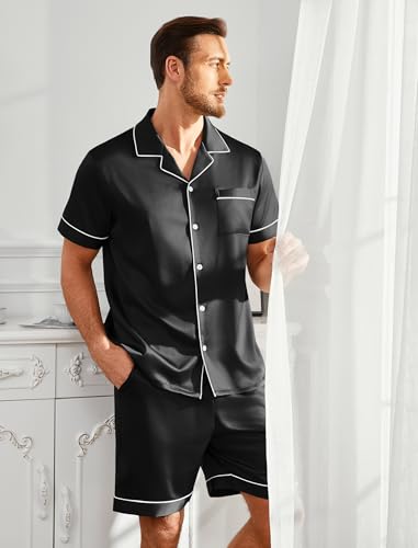 Vssjavun Mens Satin Silk Pajamas Sets Short Sleeve Button-Down Sleepwear Two Piece Loungewear with Pockets