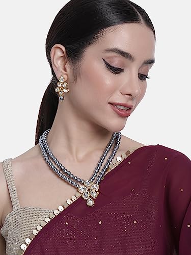 Image of Peora Crystal Faux Pearl Kundan Necklace & Jewellery Set Gift for Women