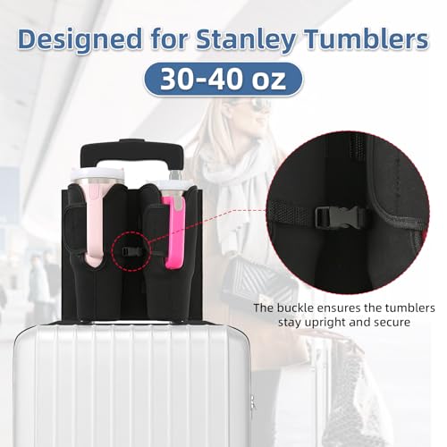 Image of Luggage Cup Holder for Suitcases, Compatible with 30-40 Oz Stanley Tumblers, Foldable Luggage Cup Holder with Phone & Ticket Pocket, Waterproof Hands-Free Travel Accessory (Black)