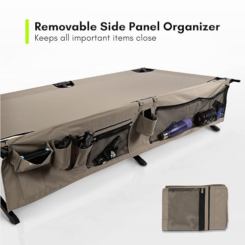Extremus-New-Komfort-Camp-Cot-Folding-Camping-Cot-Guest-Bed-300-lbs-Capacity-Steel-Frame-Strong-300D-Polyester-Surface-Includes-Side-Storage-Organizer-Carry-Bag-75-Long-x-35-Wide-x-17-Tall