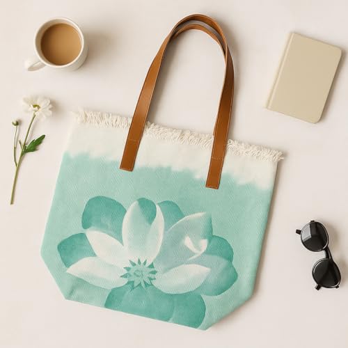 Image of GRECIILOOKS Eco Canvas Boho Tote Bag for Women, Spacious Jute Handbag with Faux Leather Straps, Frayed Edge & Floral Print, Lightweight Shoulder Bag for Beach Travel Shopping Work