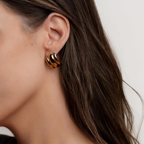 Gold Triple Band Statement Earrings – Lightweight Modern Fashion Jewelry for Women3
