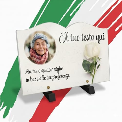 Targa Funeraria a Forma di Libro – Lapide Personalizzabile STAMPA HD su Acrilico trasparente – Rosa Bianca su Marmo Beige – Ricordo Elegante e Duraturo – Diverse Misure