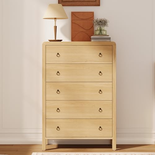 GarveeHome 5 Drawer Dresser for Bedroom, Chest of Drawers, Closet Dresser Storage Cabinet Organizer for Bedroom, Living Room, Hallway & Office Natural 29.9"D x 15.7"W x 47.2"H (5 Drawers)