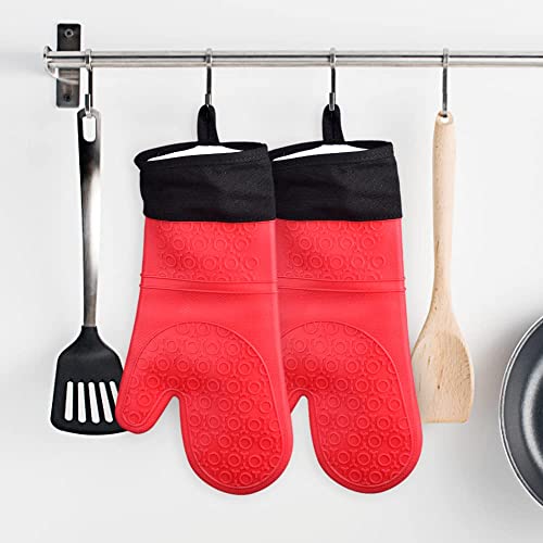 Image of THW Professional Large Silicone Oven Gloves Heat Proof,Kitchen Oven Mittens for Baking Heat Resistant Oven Mitts Cotton Quilted Silicone Gloves for Oven, Red
