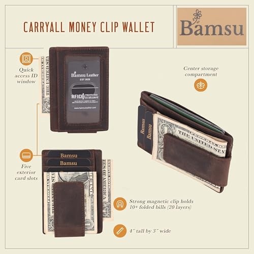 Image of Brown Slim Money Clip Wallet for Men - Full-Grain Cowhide Leather, Strong Magnetic Clip, Front Pocket Card Holder, Minimalist Design