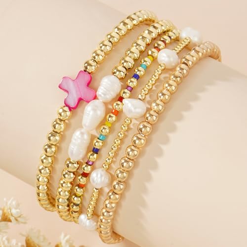 14K Gold Pearl Beaded Cross Bracelets Stack Set for Women,Stretch Boho Colorful Christian Beads Ball Jewelry Trendy Gift3