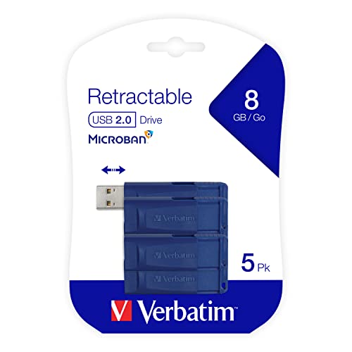 Image of Verbatim 8GB Retractable USB 2.0 Flash Thumb Drive with Microban Antimicrobial Product Protection - Five Pack Blue (Pack of 2)