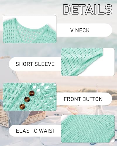 Image of Haloumoning Girls Crochet Swim Beach Cover Up Kids Fashion Button Short Sleeve Swimsuits Cover Ups 5-14 Years