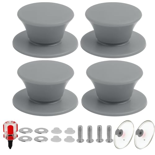 FunWorth 4 Manopole per Coperchio Della Pentola in Silicone, Manopole di Universali Resistenti al Calore, Senza BPA con Pomello di Ricambio per Coperchio in Vetro con Foro (Grigio)