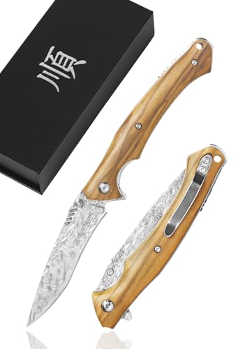 YOUSUNLONG Navajas de bolsillo plegables - Longitud 210mm - Hoja de acero de Damasco martillado de 73 capas - Madera natural de olivo italiano - Adecuado para camping, supervivencia, senderismo