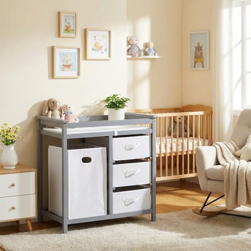 Modern Baby Changing Table with Laundry Hamper & 3 Drawers - Solid Wood Nursery Dresser Supports 40 Lbs, with Safety Strap & Waterproof Pad, Storage O