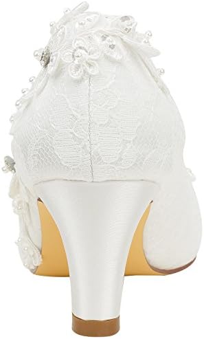Emily Bridal 1505-1B Women's Wedding Shoes Closed Toe 2.56 Inches Chunky Heel Lace Satin Pumps with Rhinestone Lace Flower Bridal Shoes, Ivory 10.5 US/ 42 EU | Image 3