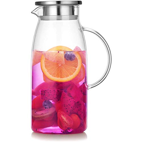 Artcome 60 Ounces Glass Iced Tea Pitcher with Stainless Steel Strainer Lid, Hot/Cold Water Jug,...
