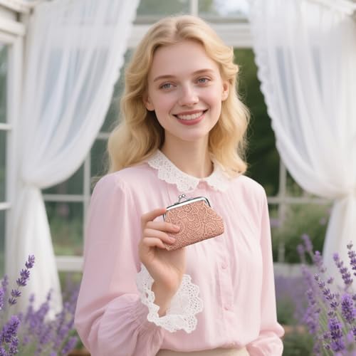 Image of FuninCrea 2 Pcs Faux Leather Coin Purse for Women with Kiss Lock, Floral Pattern Change and Coin Wallet Double Clasp Closure Mini Wallet for Cash Key (Nude+Blue)