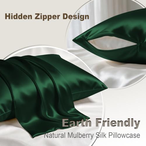Image of LYSHIN Silk Pillow Cases 2 Pack King Size with Zipper, Olive Green | 19 Momme Mulberry Silk Pillowcase for Skin and Hair, Anti-Acne, Hypoallergenic, Cooling, Beauty Sleep, Gifts for Women