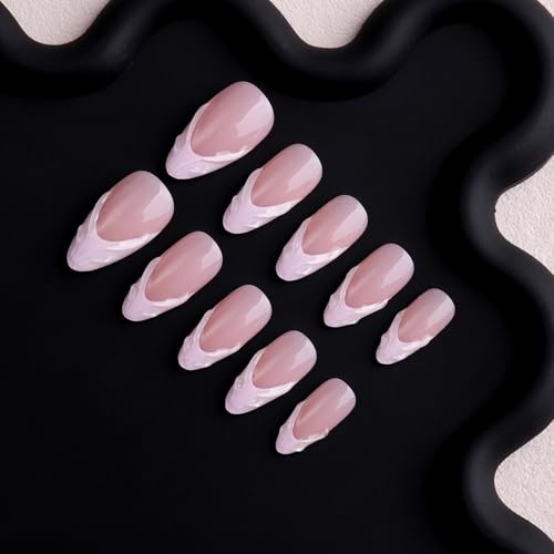 Image of Pink French Tip Press on Nails Medium Almond Fake Nails 3D Swirl Stick on Nail Glossy Full Cover for Women Manicure 24Pcs