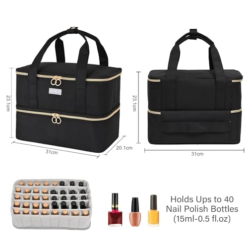 Nagellack Aufbewahrung Tasche,Doppelschichtige Nagellack Organizer für 40 Flaschen(15 ml-0.5 FL.oz) und eins LED-Nagellampe,Tragbare Nagellack Tragetasche für Nageldesign zubehör,Schwarz