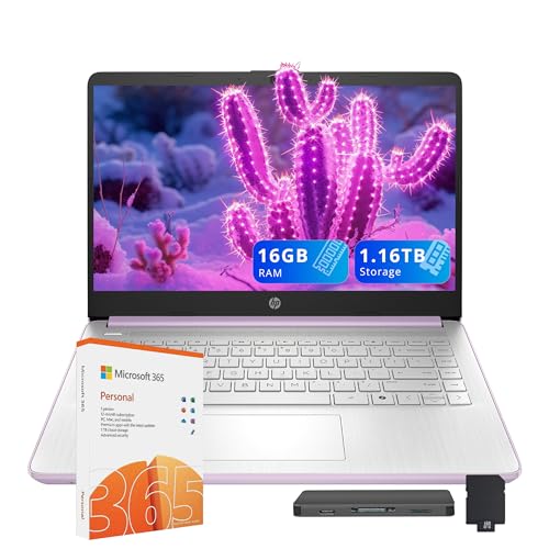 Image of HP Stream 14 inch HD Laptop for Student & Business, Intel Processor N150, 16GB RAM, 1.16TB Storage (128GB UFS+1TB Docking Station Set), Intel Graphics, 1 Year Office 365, Copilot, Wi-Fi 6, Win 11s, Purple