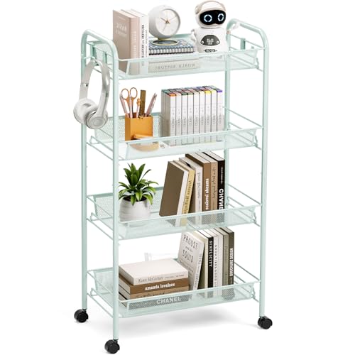 Image of TOOLF 4-Tier Rolling Cart, Metal Utility Cart with 3 Hooks, Easy Assemble Mobile Storage Trolley On Wheels, Metal Shelving Units Kitchen Bathroom Laundry Room