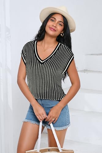 Image of SAUKOLE Women's Sweater Vest Casual V Neck Cap Sleeve Knit Pullover Tops | 2026 Spring Clothes, Soft Knit Shirts, Short Sleeves T-shirts, Tunic Blouses, Sweater Tank Tops