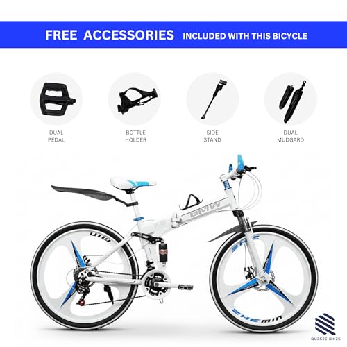 Image of QUESEC BWM Folding Gear Cycle for Adults 26 Inch 21 Speed Mountain Bike with Dual Suspension, Dual Disc Brake, Alloy Wheels, Foldable Bicycle for Boys Girls Daily Commute Fitness Ride - White