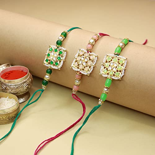 Image of I Jewels Mens Kundan & Pearl Combo Rakhi With Roli Chawal & Rakshabandhan Card For Brother /Bro /Bhai Set Of 3 Rakhi