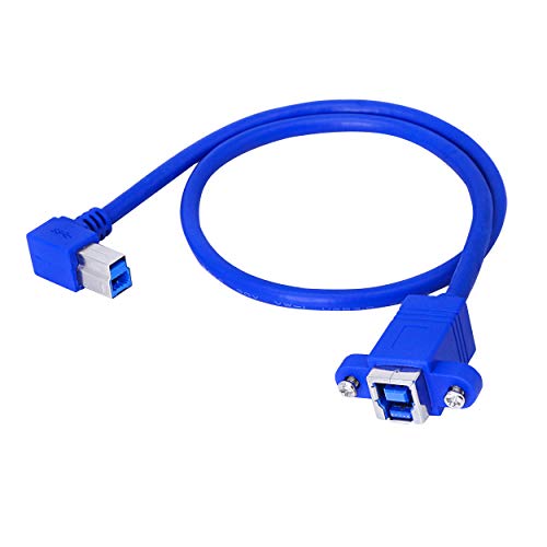 SinLoon USB B Printer Extension Cable 90 Degree Angled Printer Cable USB 3.0 Type B Male to Female Cable with Panel Mount Screw Holes for Hard Drive Scanner Printer (Blue)