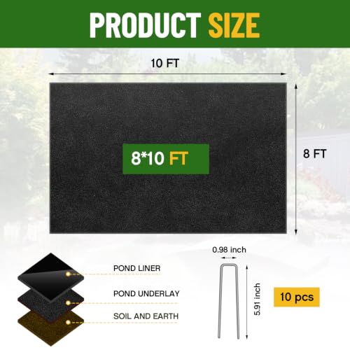 Image of Fanfanwin 8 x 10 ft Pond Liner Underlayment with 10 U-pins, 9oz, Black