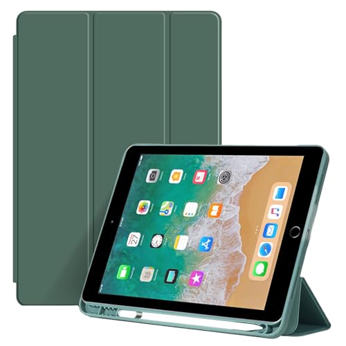 EspZanthic Funda para iPad 9,7 Pulgadas (6.ª/5.ª Generación, 2018/2017) con Portalápiz, Delgada Tableta Antichoque Cover Carcasa con Parte Posterior de TPU Suave, Verde Medianoche