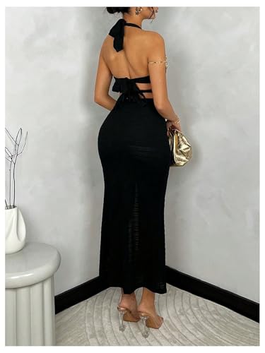 WDIRARA Women's Cut Out High Slit Halter V Neck Sexy Dress Ring Linked Tie Backless Bodycon Long Dresses3