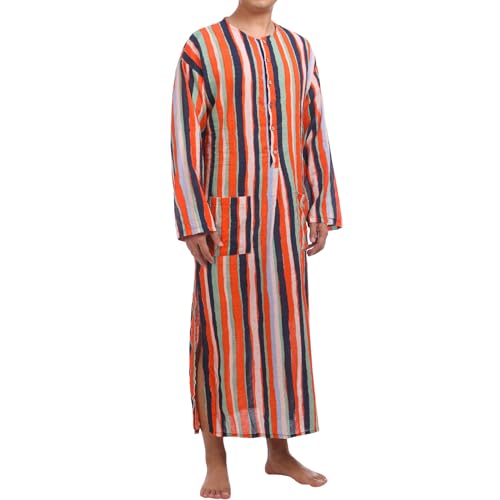 IWEMEK Muslim Thobe for Men Striped Kaftan Thobe with Pockets Saudi Arabic Robe Button up Dubai Abaya Caftan Ramadan Clothes3