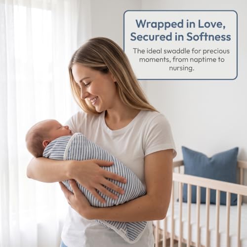 Image of Blue Striped Muslin Baby Blanket, Ultra Soft Cotton Swaddle 43x43 in | Jacquard Breathable For Babies and Toddlers Boys Newborn White
