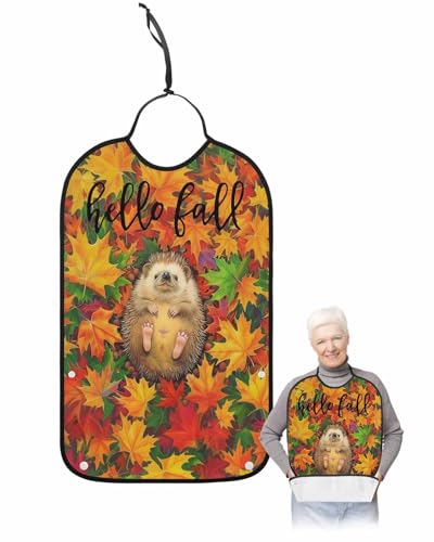 Hello Fall Adult Bib for Adults Men, Women, Red Orange Thanksgiving Maple Leaf Animal Washable & Adjustable Terry Cloth Bib with Crumb Catcher Reusable Waterproof Clothing Clothes Protector Apron