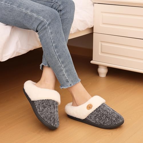 Image of Evshine Warm Knit House Slippers for Women Comfy Wool-Like Lined Chenille Slippers with Memory Foam and Indoor Outdoor Soles