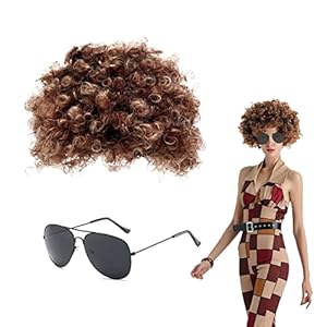 VIKSAUN Conjunto de Disfraces Hippies, Peluca Afro, Moda Gafas de Sol, Peluca Funky Afro de los 70, para Fiesta Temática de los Años 50/60/70, Disfraz Hippie 60 ‘ 70 ‘ 80 Tema Fiesta Disco (2 Pcs)