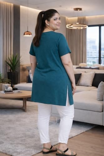 Image of RYSH Women's Printed Cotton Plus Size Longline T-Shirt with Pockets | Cotton fabric - soft longline T-shirt with easy plus-size fit