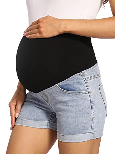Foucome Maternity Jean Shorts Over The Belly Roll Hem Denim Shorts Summer Pregnancy Shorts(Blue, M) #TOP2