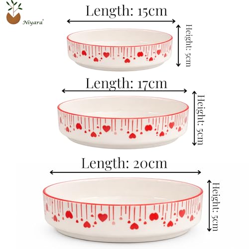 Image of Niyara Stoneware Handmade Ceramic Stylish Premium Serving Bowls /Salad Tray Microwave Dishwasher Safe (Heart Print Bowl Set of 3)