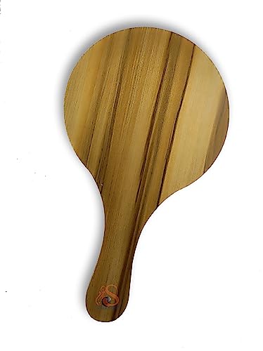 Image of Round Shape Makeup Large One Sided Wooden Hand Mirror with Wood Handle Mirror for Women n Men