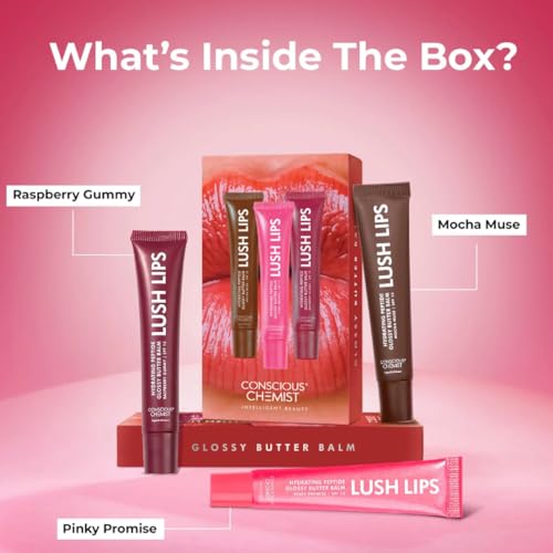Image of Conscious Chemist Peptide Lip Balm SPF15 Gift Box (Pack of 3) - Mocha Muse, Raspberry Gummy & Pinky Promise | 24 Hr Hydration & Moisturizing Lip Balm for Dark & Pigmented Lips | Sun Protection | 15g