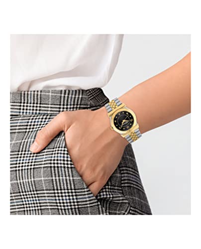 Ferragamo Womens Swiss Made Watch Vega Collection Featuring Two Tone Stainless Steel And Gold 5 Link Bracelet With Two Tones With Sophisticated Minimalist Black Dial And Stainless Steel Gold Tone #TOP4