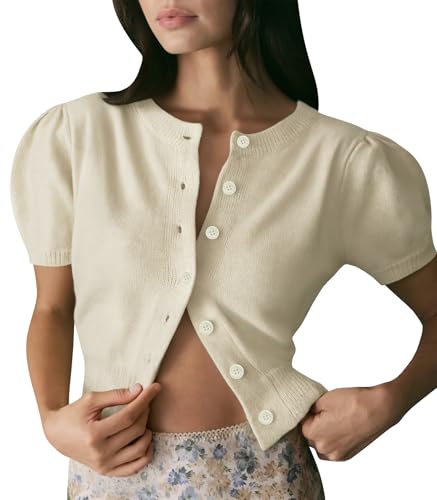 Image of Womens Puff Short Sleeve Cardigan Sweaters Cropped Button up Lightweight Y2k Knit Summer Cardigans