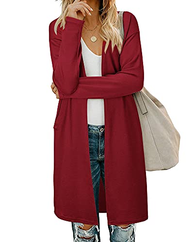 AUSELILY Women's Cardigan Sweaters for Women with Pocketes Long Sleeve Casual Lightweight Open Front Cardigan,Burgundy-XL