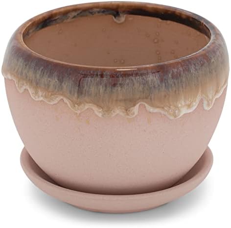 Napco Drip Glazed Ceramic Pot for Indoor Plants Planter with Saucer, 3.25 x 2.5, Pink and Brown