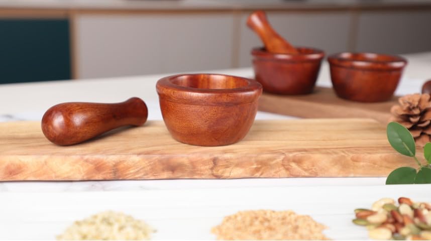 Lacquered Mini Wooden Mortar & Pestle Grinding Bowl Set Garlic Crush Pot Kitchen Tool (Brown, Small)